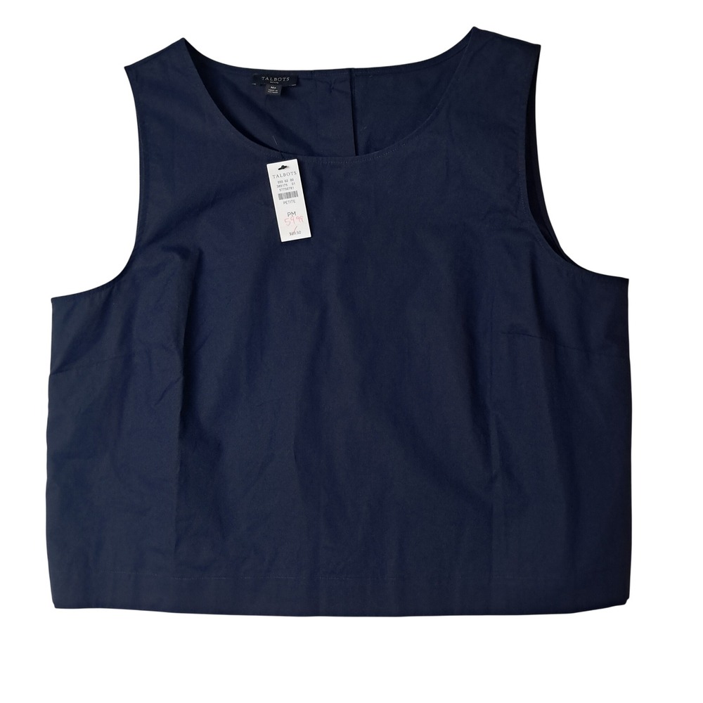 NWT Talbots Sleeveless Top Womens Medium Petite Navy Blue Button Back Shell Work